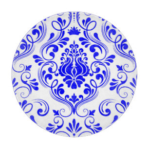 Planche À Découper Bleu et blanc Damas motif floral Élégant verre