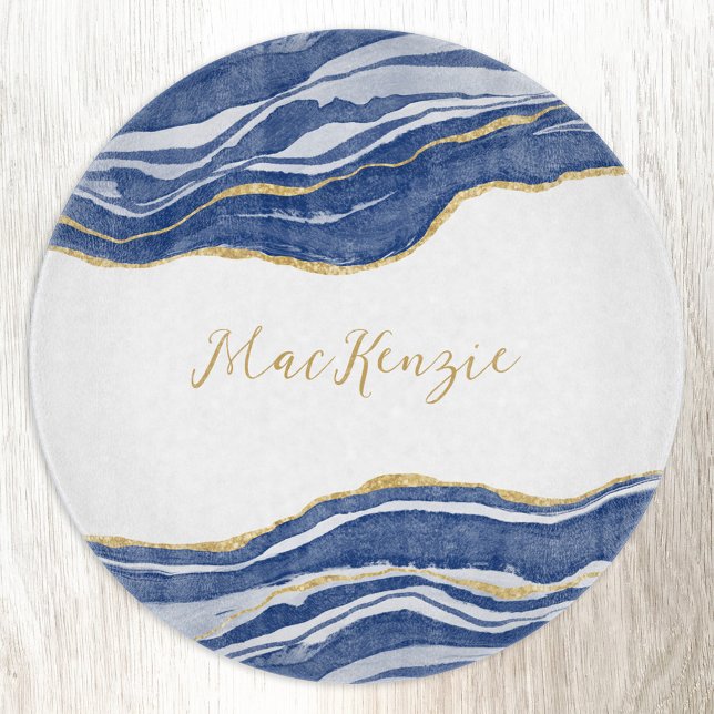 Planche À Découper Bleu Marbre Agate Parties scintillant or Personnal (Blue watercolor agate marble with faux gold glitter accents. Personalized name cutting board.)