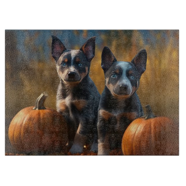 Planche À Découper Blue Heeler Chiot Automne Citrouille de plaisir (Devant)