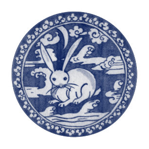 Planche À Découper Blue White Rabbit Nuages Lune Antique Chinoiserie