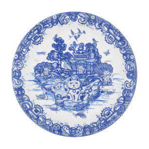 Planche À Découper Blue Willow Lucky Cat Whimsical Chinoiserie Art