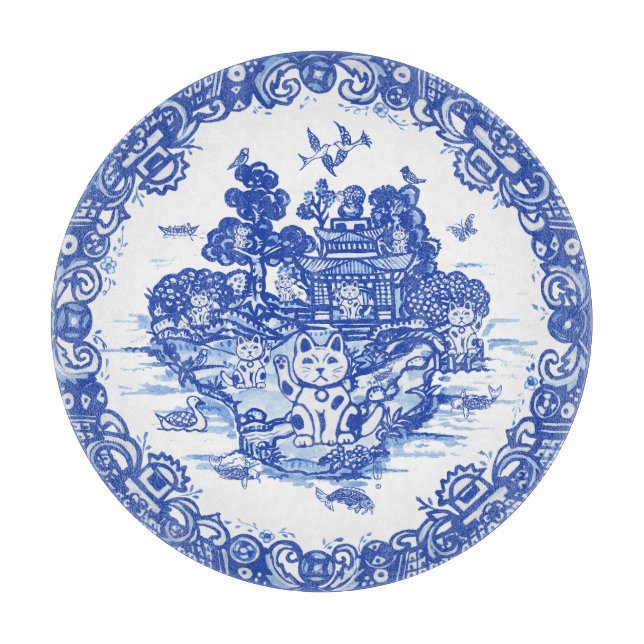 Planche À Découper Blue Willow Lucky Cat Whimsical Chinoiserie Art (Devant)