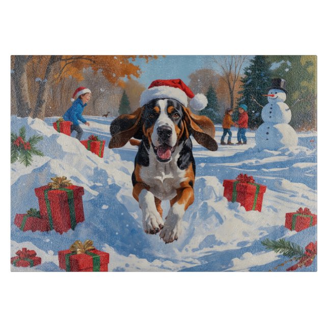 Planche À Découper Bluetick Coonhound Courir dans la neige avec Noël (Devant)