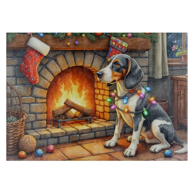 Planche À Découper Bluetick Coonhound Fireplace with Christmas Lights (Devant)