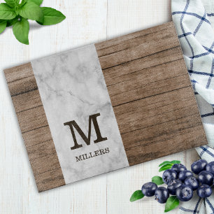 Planche À Découper Bois rustique et marbre Nom de famille Monogrammé