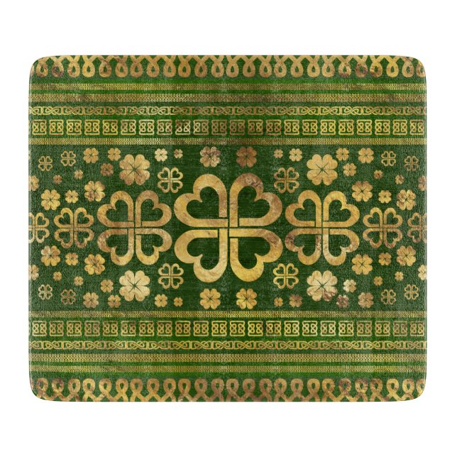 Planche À Découper Bois vert Shamrock à quatre feuilles et or (Devant)