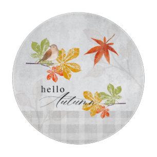Planche À Découper Bonjour automne avec les feuilles d'oiseaux et d'a