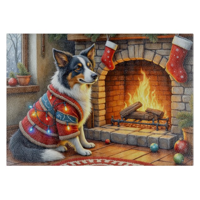 Planche À Découper Border Collie Fireplace with Christmas Lights (Devant)