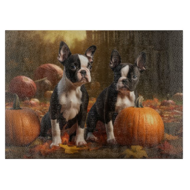 Planche À Découper Boston Terrier Puppy Automne Citrouille de plaisir (Devant)