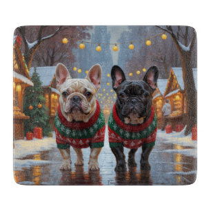 Planche À Découper Bouledogues français Noël Neige Vacances