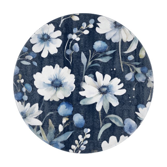 Planche À Découper Bouquet de fleurs Elégante aquarelle Bleu (Devant)