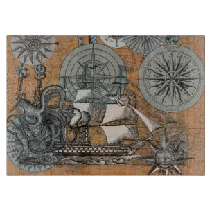 Planche À Découper Boussole Rose Vintage Nautique Octopus Ship