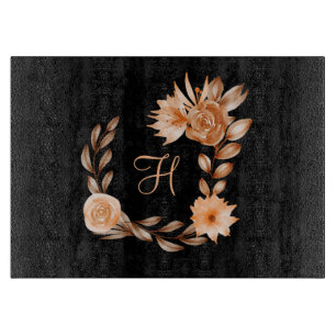 Planche À Découper Brown noir monogramme et florale de pêche