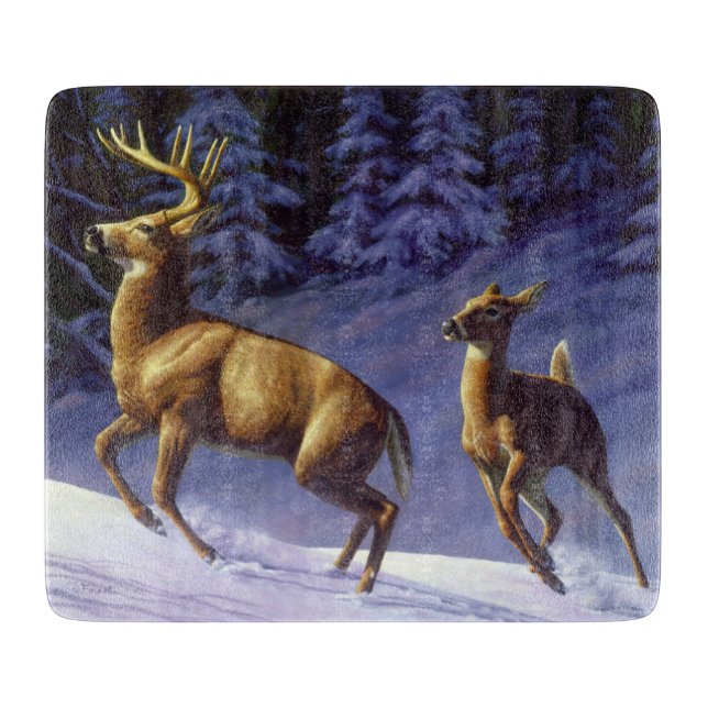 Planche À Découper Buck & Doe de cerf blanc en neige hivernale (Devant)