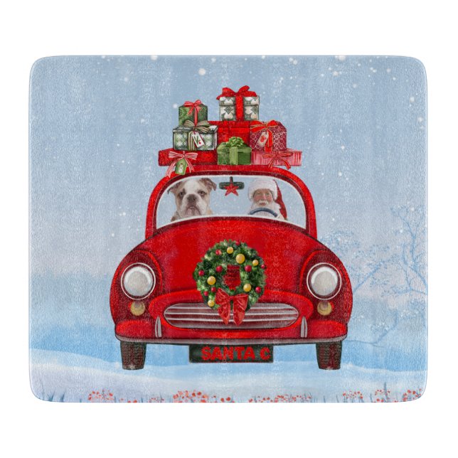 Planche À Découper Bulldog Anglais En Voiture Avec Le Père Noël (Devant)