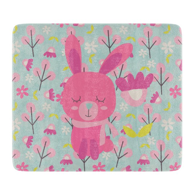 Planche À Découper Bunnies et fleurs roses (Devant)