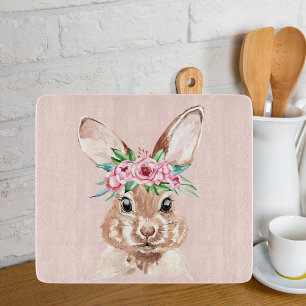 Planche À Découper Bunny D'Aquarelle Rose Pastel Moderne Avec Fleurs