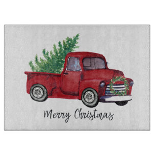 Planche À Découper Camion de rouge d'aquarelle de Noël de ferme