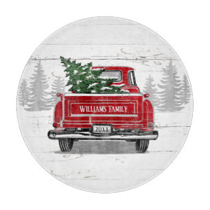 Planche À Découper Camion rouge Vintage avec sapin de Noël Nom de fam