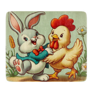 Planche À Découper Caricature vintage, poulet et lapin