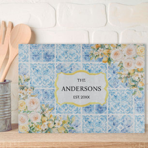 Planche À Découper Carreaux Méditerranéens Bleus Fleur Citron Nom de