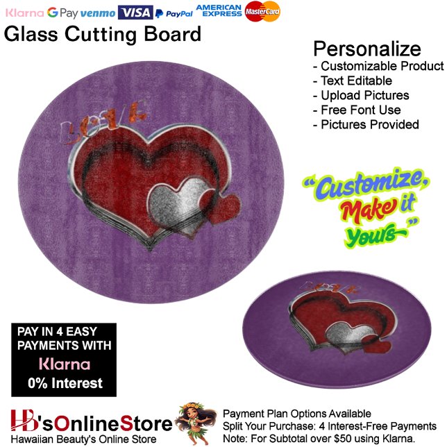 Planche À Découper Carrosserie Magique ronde en verre violet 30,4 (Love Heart Purple Cooking Kitchen Glass Cutting Board.)