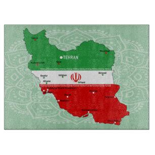 Planche À Découper Carte de l'Iran avec drapeau et emblème