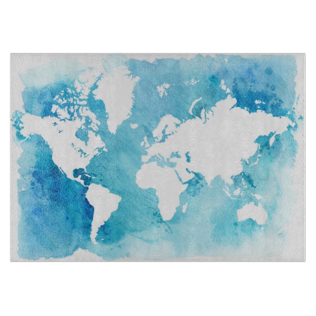Planche À Découper Carte du monde dans des bleus d'aquarelle (Devant)