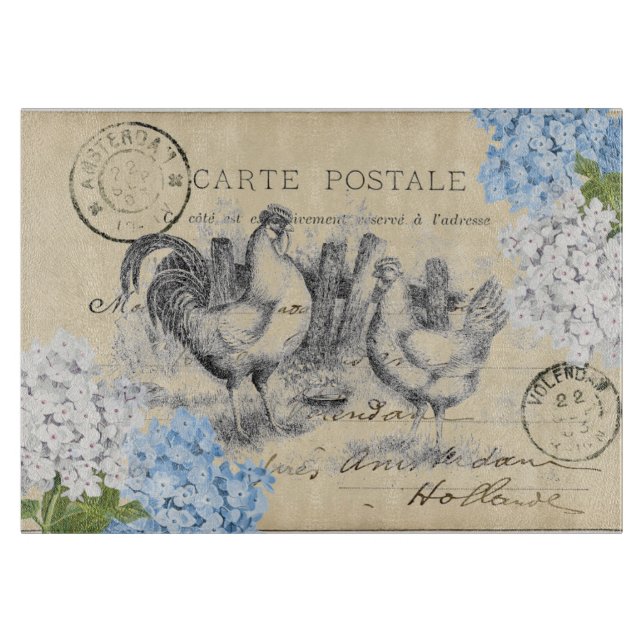 Planche À Découper Carte postale vintage de poulet bleu Fleur (Devant)