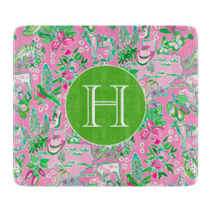 Planche À Découper Carte Texas Pink & Green Preppy Motif Monogramme