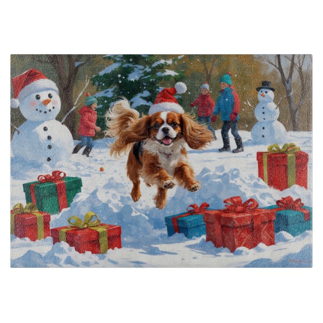 Planche À Découper Cavalier King Charles Spaniel Neige avec Noël (Devant)