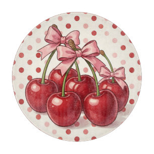 Planche À Découper Cerises Rouges Douces Rubans Roses Rétro Points