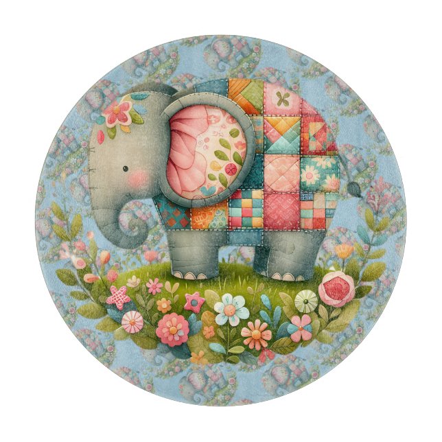 Planche À Découper Charme de Prairie Florale à l'Éléphant Patchwork (Devant)