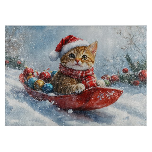 Planche À Découper Chat abyssinien en sledge laissez-le neiger Noël (Devant)