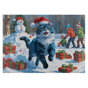 Planche À Découper Chat bleu oriental assis dans la neige avec un cha