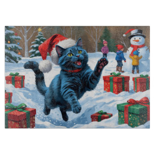 Planche À Découper Chat Bleu Russe Courant dans la Neige avec un Chap