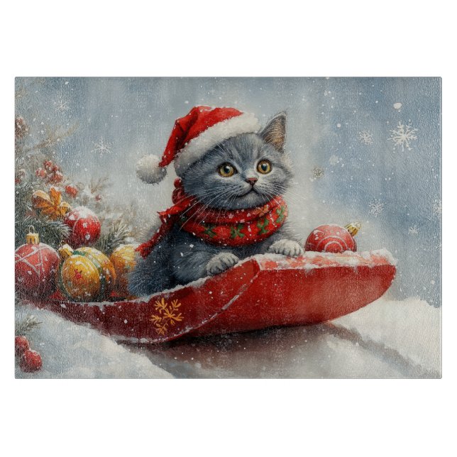 Planche À Découper Chat bleu russe en sangle laissez-le neiger Noël (Devant)