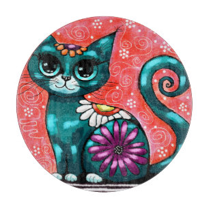 Planche À Découper Chat de chaton Whimsical assis sur le tapis Floral
