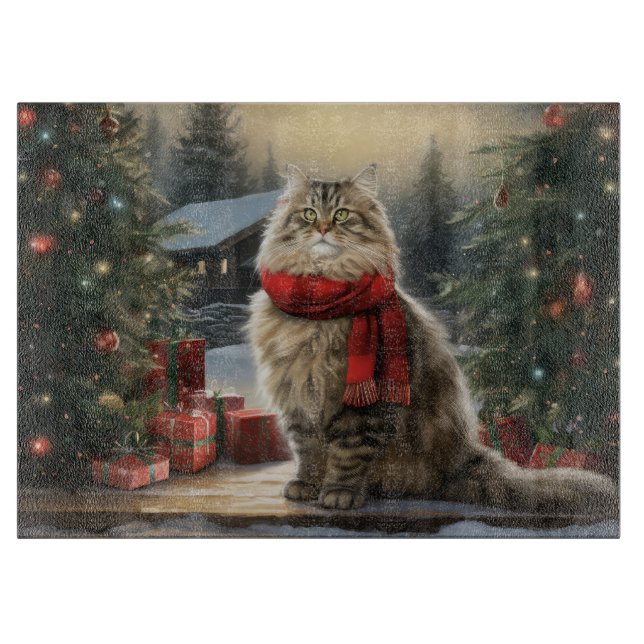 Planche À Découper Chat de Sibérie en Noël de Neige (Devant)