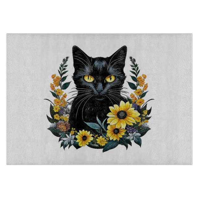 Planche À Découper chat noir avec fleurs (Devant)