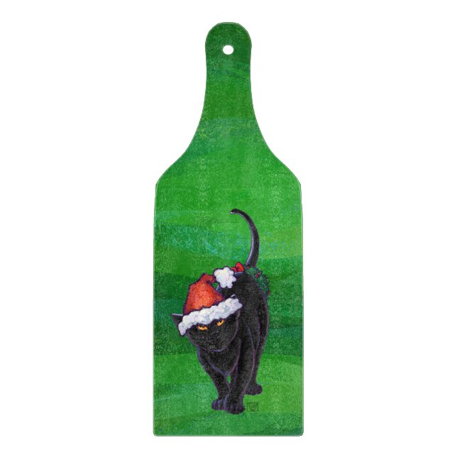 Planche À Découper Chat noir de Noël sur fond vert (Devant)