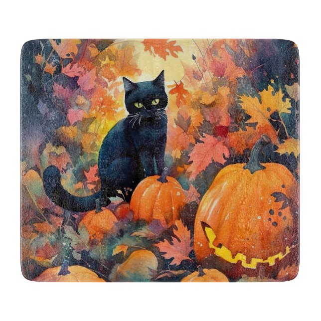 Planche À Découper Chat noir d'Halloween avec la peur Citrouille (Devant)