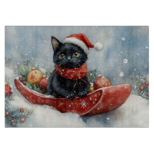 Planche À Découper Chat Noir en Traîneau Laissez Tomber la Neige Noël