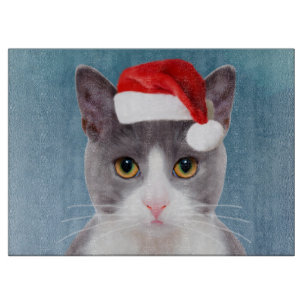 Planche À Découper Chat portant le Santa Hat Portrait de Noël