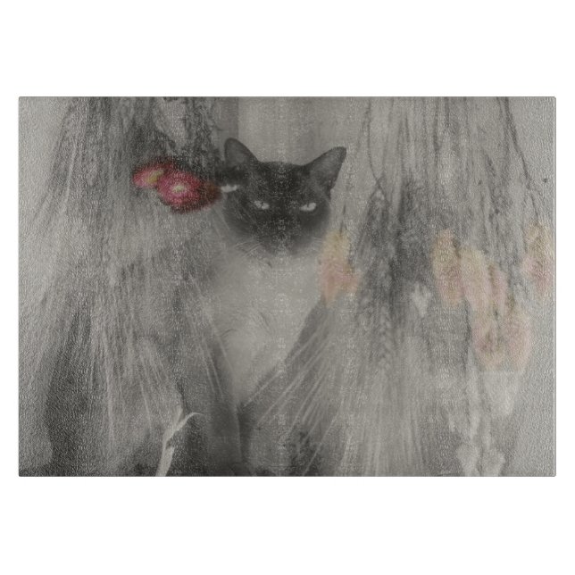 Planche À Découper Chat Siamois Posé En Noir Et Blanc (Devant)