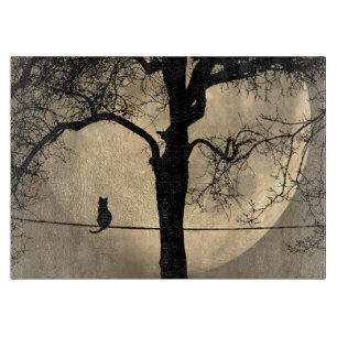 Planche À Découper Chat sur un fil pleine lune