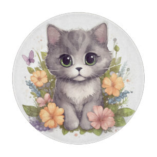 Planche À Découper Chaton gris doux avec fleurs Kawaii Chibi
