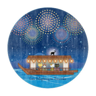 Planche À Découper Chats délicieux dans les feux d'artifice à bord d'