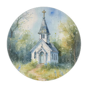 Planche À Découper Chemin rustique d'église dans une prairie de fleur