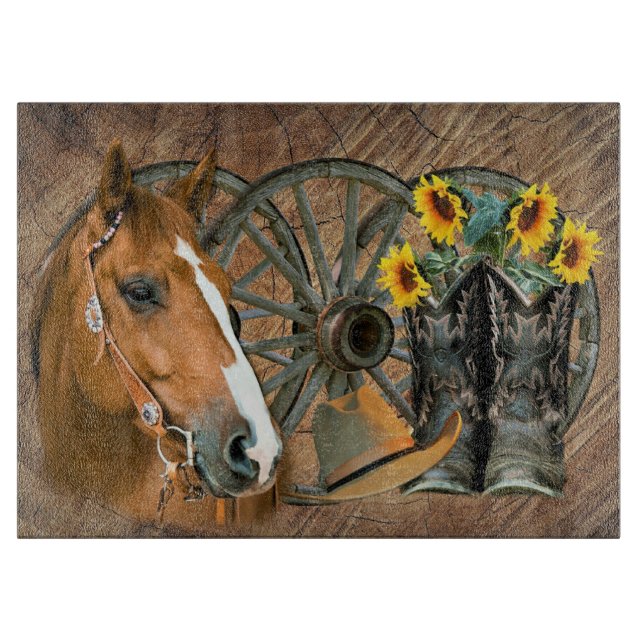 Planche À Découper Cheval Boot Boots Wagon Wheels Sunflower Western (Devant)